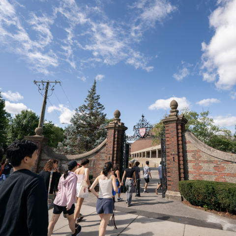 a group of people walking through a gate